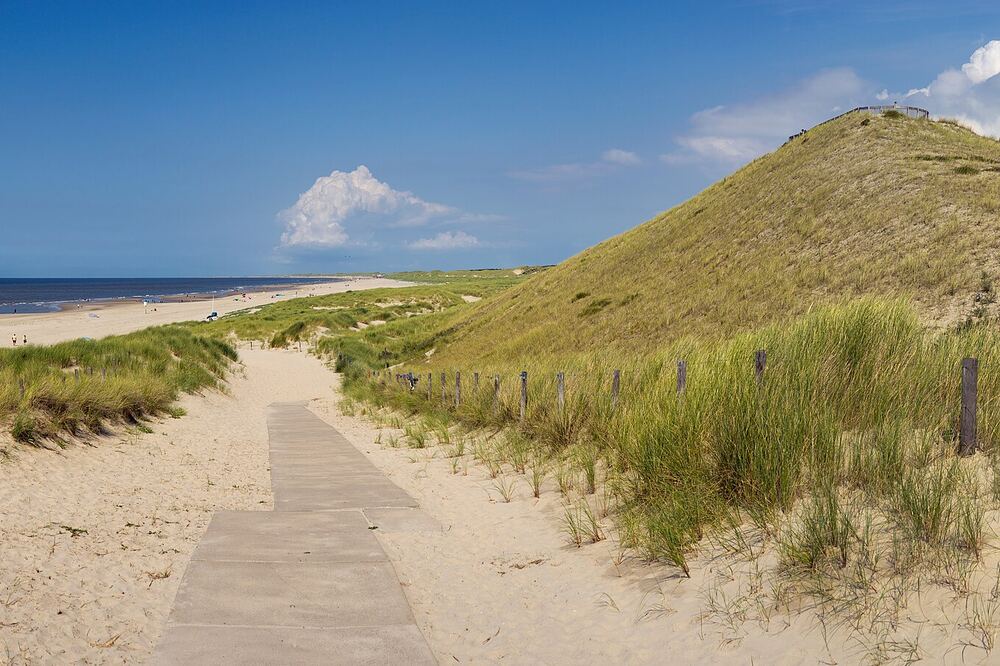 Zandpad over een met helmgras begroeide duin naar het strand van Petten, met de zee links in beeld